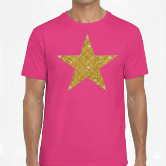 Bellatio Decorations BD Verkleed T shirt heren - roze - ster - glitter goud - Bling Bling S