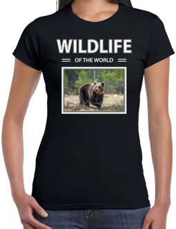 Bellatio Decorations Beer t-shirt met dieren foto wildlife of the world zwart voor dames