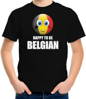 Bellatio Decorations Belgie Happy to be Belgian landen t-shirt met emoticon - zwart - kinderen - Belgie landen shirt met Belgische vlag - EK / WK / Olympische spelen outfit / kleding L (146-152)