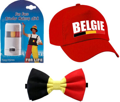 Bellatio Decorations Belgie supporters set - baseballcap rood - met vlag schminkstift - strikje - volwassenen - landen