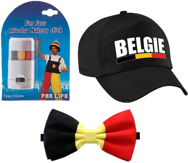 Bellatio Decorations Belgie supporters set - baseballcap zwart - met vlag schminkstift - strikje - volwassenen - landen