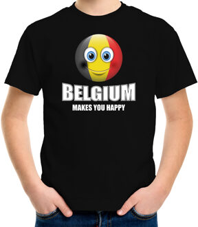 Bellatio Decorations Belgium makes you happy landen t-shirt Belgie met emoticon - zwart - kinderen - Belgie landen shirt met Belgische vlag - EK / WK / Olympische spelen outfit / kleding L (146-152)