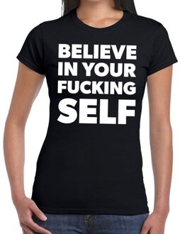 Bellatio Decorations Believe in your fucking SELF tekst t-shirt zwart dames XS