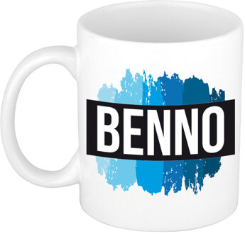 Bellatio Decorations Benno naam cadeau koffie mok - beker - met blauw verfstrepen - Cadeau collega - vaderdag