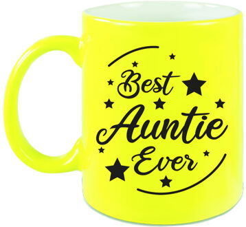 Bellatio Decorations Best Auntie Ever cadeau mok / beker neon geel 330 ml - cadeau tante - feest mokken