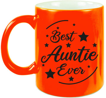 Bellatio Decorations Best Auntie Ever cadeau mok / beker neon oranje 330 ml - cadeau tante - feest mokken