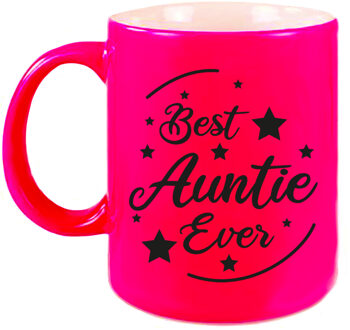 Bellatio Decorations Best Auntie Ever cadeau mok / beker neon roze 330 ml - cadeau tante - feest mokken