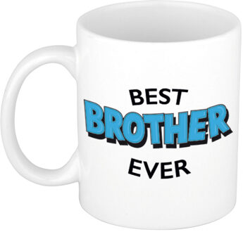 Bellatio Decorations Best brother ever cadeau koffiemok / theebeker wit met blauwe letters 300 ml - feest mokken