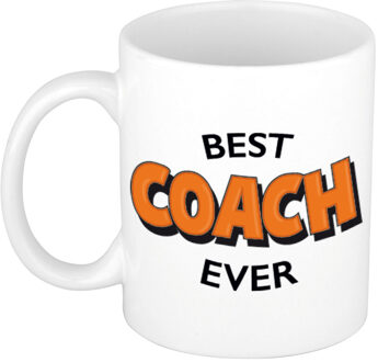 Bellatio Decorations Best coach ever cadeau koffiemok / theebeker wit met oranje letters 300 ml - feest mokken