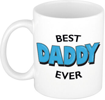 Bellatio Decorations Best daddy ever cadeau mok / beker wit met blauwe cartoon letters 300 ml
