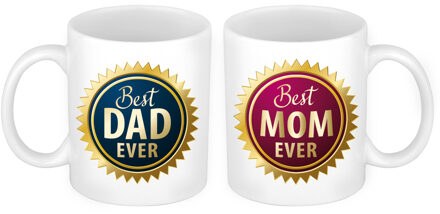 Bellatio Decorations Best Mom en Best Dad mok met rozet - Cadeau beker set voor Papa en Mama