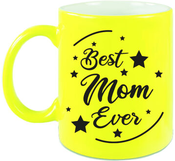 Bellatio Decorations Best Mom Ever cadeau mok / beker neon geel 330 ml - cadeau mama Moederdag / verjaardag - feest mokken