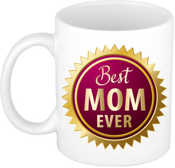 Bellatio Decorations Best mom ever - Koffiemok - wit met roze - 300 ml - cadeau beker - Moederdag / verjaardag