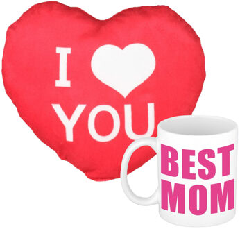 Bellatio Decorations Best Mom mok/beker 300 ml incl. sierkussentje hart vorm 12 cm - feest mokken Roze