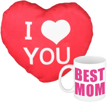 Bellatio Decorations Best Mom mok/beker 300 ml incl. sierkussentje hart vorm 15 cm - feest mokken Roze