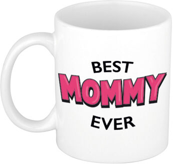 Bellatio Decorations Best mommy ever cadeau mok / beker wit met roze cartoon letters 300 ml
