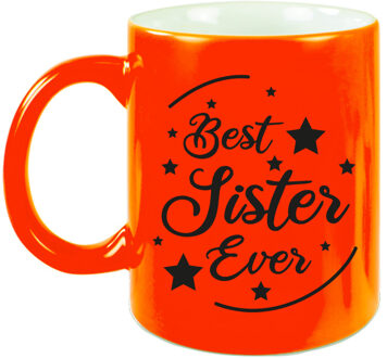 Bellatio Decorations Best Sister Ever cadeau mok / beker neon oranje 330 ml - verjaardag / bedankje - kado zus/ zusje - feest mokken