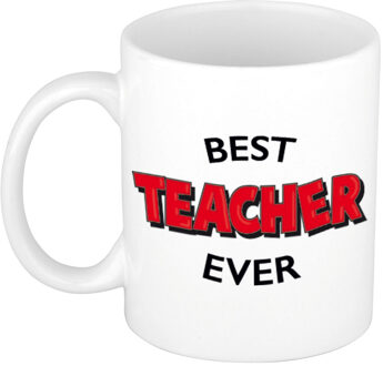 Bellatio Decorations Best teacher ever cadeau mok / beker wit met rode cartoon letters voor meester / juf 300 ml Rood