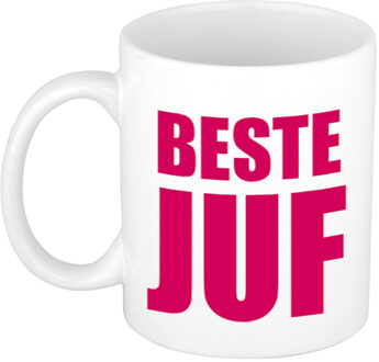 Bellatio Decorations Beste juf cadeau koffiemok / theebeker roze blokletters 300 ml - feest mokken Wit