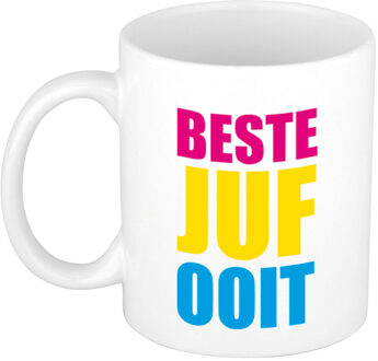 Bellatio Decorations Beste juf ooit cadeau koffiemok / theebeker in roze/gele/blauwe blokletters 300 ml - feest mokken Multikleur