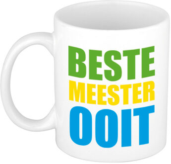 Bellatio Decorations Beste meester ooit cadeau koffiemok / theebeker in groene/gele/blauwe blokletters 300 ml - feest mokken Wit