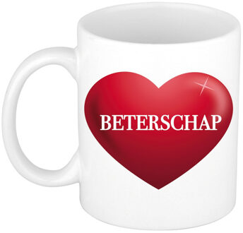 Bellatio Decorations Beterschap cadeau mok / beker wit met rood hart 300 ml - feest mokken