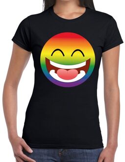 Bellatio Decorations Big emoticon/emoticon regenboog gay pride t-shirt zwart dames 2XL