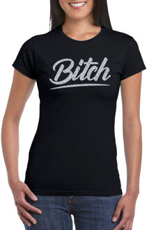 Bellatio Decorations Bitch zilver tekst t-shirt zwart dames - Glitter en Glamour zilver party kleding shirt M