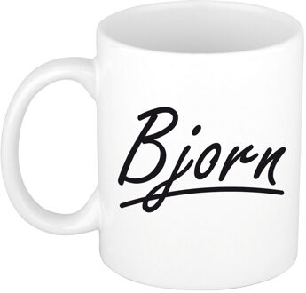 Bellatio Decorations Bjorn Naam koffiemok - beker - met sierlijke letters - wit - 300 ml - Cadeau - Heren