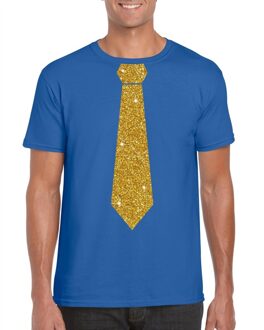 Bellatio Decorations Blauw fun t-shirt met stropdas in glitter goud heren L