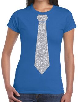 Bellatio Decorations Blauw fun t-shirt met stropdas in glitter zilver dames 2XL