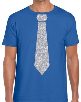 Bellatio Decorations Blauw fun t-shirt met stropdas in glitter zilver heren L