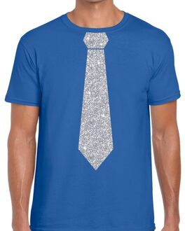 Bellatio Decorations Blauw fun t-shirt met stropdas in glitter zilver heren