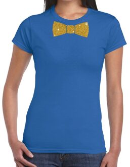 Bellatio Decorations Blauw fun t-shirt met vlinderdas in glitter goud dames 2XL