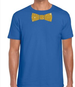 Bellatio Decorations Blauw fun t-shirt met vlinderdas in glitter goud heren