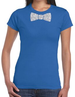 Bellatio Decorations Blauw fun t-shirt met vlinderdas in glitter zilver dames XS