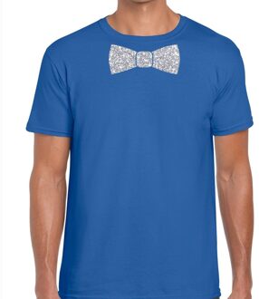 Bellatio Decorations Blauw fun t-shirt met vlinderdas in glitter zilver heren L