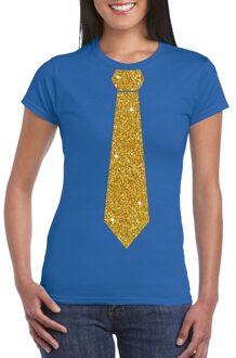 Bellatio Decorations Blauw fun verkleed t-shirt - met stropdas - in glitter goud - dames - korte mouwen