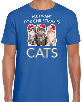 Bellatio Decorations Blauw Kerst shirt/ Kerstkleding All i want for Christmas is cats voor heren 2XL - kerst t-shirts