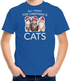 Bellatio Decorations Blauw Kerst shirt/ Kerstkleding All i want for Christmas is cats voor kinderen L (140-152) - kerst t-shirts kind