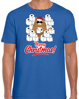 Bellatio Decorations Blauw Kerst shirt/ Kerstkleding hamsterende kat Merry Christmas voor heren M - kerst t-shirts