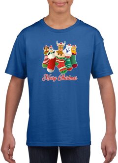 Bellatio Decorations Blauw kerst shirt / kerstkleding Merry Christmas dieren kerstsokken voor kinderen L (140-152) - kerst t-shirts kind