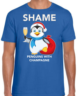 Bellatio Decorations Blauw Kerst shirt/ Kerstkleding met pinguin Shame penguins with champagne voor heren 2XL - kerst t-shirts