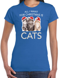 Bellatio Decorations Blauw Kerstshirt / Kerstkleding All i want for Christmas is cats voor dames 2XL - kerst t-shirts