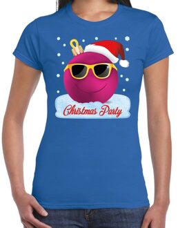 Bellatio Decorations Blauw kerstshirt / kerstkleding Christmas party met roze coole kerstbal voor dames 2XL - kerst t-shirts