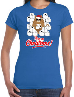 Bellatio Decorations Blauw Kerstshirt / Kerstkleding hamsterende kat Merry Christmas voor dames XS - kerst t-shirts
