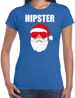 Bellatio Decorations Blauw Kerstshirt / Kerstkleding Hipster voor dames met Kerstman met zonnebril XL - kerst t-shirts
