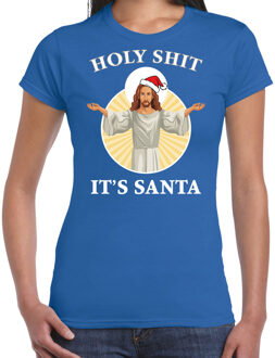 Bellatio Decorations Blauw Kerstshirt / Kerstkleding Holy shit its Santa voor dames 2XL - kerst t-shirts