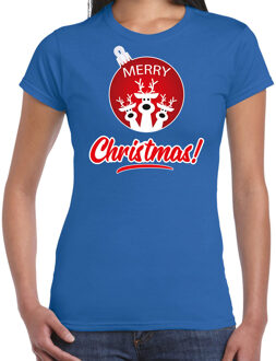 Bellatio Decorations Blauw Kerstshirt / Kerstkleding Merry Christmas voor dames met rendier kerstbal 2XL - kerst t-shirts