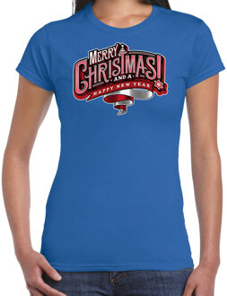 Bellatio Decorations Blauw Kerstshirt / Kerstkleding Merry Christmas voor dames XS - kerst t-shirts